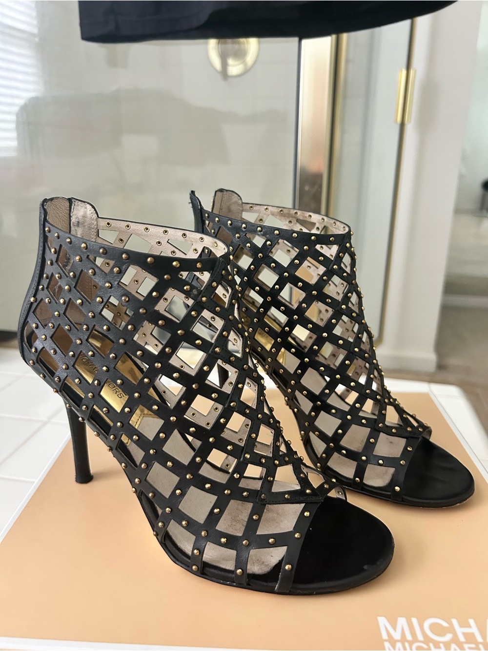 MICHAEL Michael Kors Black Gold-Stud Lattice Peep-Toe Heels